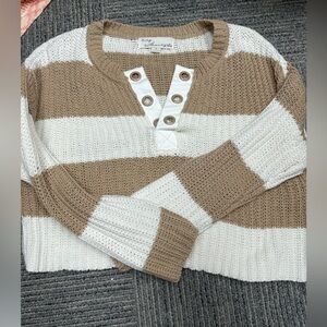 Vintage Havana Beige & White Striped Button Henley Sweater